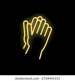 Signo de neón de dos manos aplaudiendo con brillo amarillo sobre fondo negro