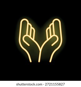 Neon sign of two hands cupped upwards glowing yellow on a black background