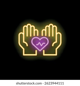 Neon sign of two hands holding a heart with heartbeat symbol, representing healthcare, love, and support