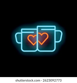 Neon sign of two mugs forming a heart shape with their handles forming a bigger heart shape