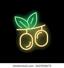 Neon sign of two olives hanging on branch with leaves, glowing yellow and green against a black background