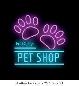 Neon sign with two paws for pet shop advertising food and toys with blue and pink neon light
