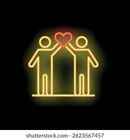 Neon sign of two people holding a heart shape together, representing the concept of love