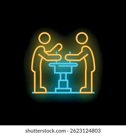 Neon sign of two political candidates participating in a debate, standing at podiums with microphones