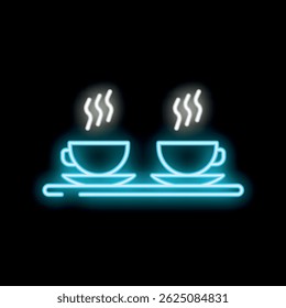 Neon sign of two steaming cups of coffee on saucers, sitting on a tray, glowing on a black background