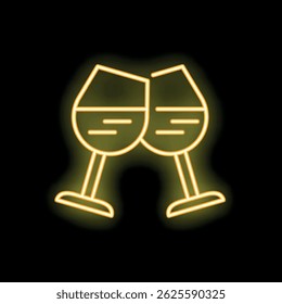 Neon sign of two wine glasses making a toast on black background