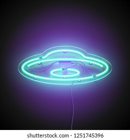 Neon sign UFO. Retro neon Flying saucer signboard on dark background. Ready for your design, icon, banner. Vector illustration.