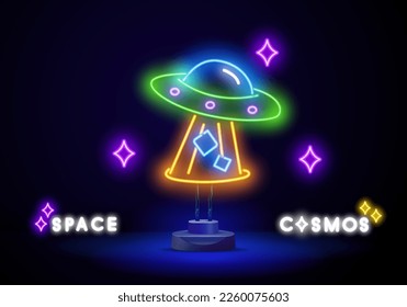 Neon sign UFO. Retro neon Flying saucer signboard on dark background. Ready for your design, icon, banner. Vector illustration.