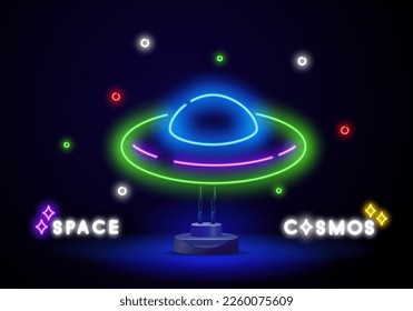 Neon sign UFO. Retro neon Flying saucer signboard on dark background. Ready for your design, icon, banner. Vector illustration.