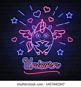 Neon sign unicorn with love heart. Vintage electric signboard.