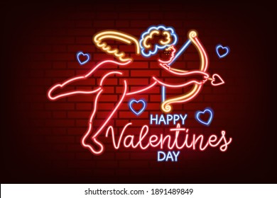 Neon sign. Valentine's Day. A holiday for all lovers. Glowing text. Design element on a dark background for your postcard or banner.