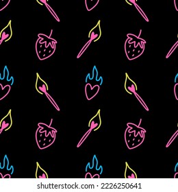 Neon sign Valentines day line characters things seamless pattern. Burning heart, match and strawberry icons. Modern stickers on black background in vaporwave style. Vector clipart ornament for web