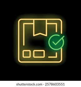 Neon sign of a validated order with a green tick mark on a cardboard box with a ribbon