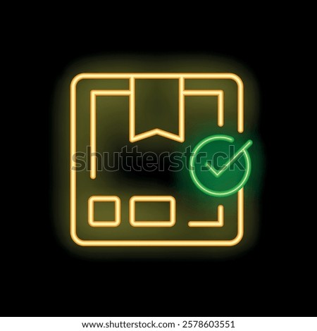 Neon sign of a validated order with a green tick mark on a cardboard box with a ribbon