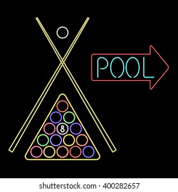 Neon Sign Vector Billiards Pool, Glow Imitation