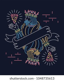 It's a neon sign vector illustration depicting two reflected kings and their divine slice of pizza