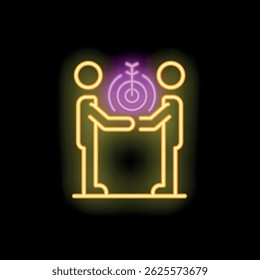 Neon sign vector of two businessmen holding a target, representing the concept of teamwork and achieving goals
