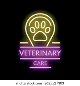 Neon sign for a veterinary practice featuring a paw print inside a location pin
