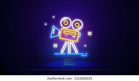 Neon sign of a video camera on a stand. A luminous sign with equipment for the production of retro films. Night bright advertising. Vector illustration in neon style for vintage films, filmmaking.