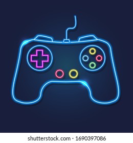 Neon sign of video game control and joysticks, Control console for video game. Neon Vector illustration.