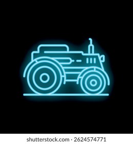 Neon sign of a vintage farm tractor glowing blue on a black background