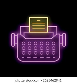 Neon sign of a vintage typewriter glowing purple with yellow paper on a black background