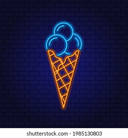 Neon sign Waffle cone with Ice Cream. Glowing Neon Linear Design Element against a dark background.