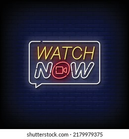 Neon Sign watch now with Brick Wall Background Vector