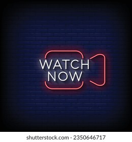 Neon Sign watch now with brick wall background vector
