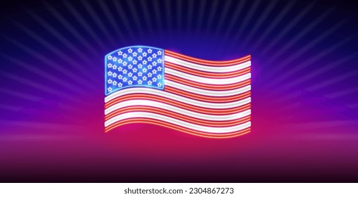 Neon Sign Waving USA Flag on Blurred Background. Vector clipart makes it quick and easy to customize your patriotic project.