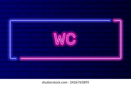 Signo de neón wc en el marco de la burbuja del discurso en el vector del fondo de la pared de ladrillo. Banner de luz en el fondo de la pared. Wc botón de inodoro para hombres y mujeres, plantilla de diseño, letrero de neón de noche