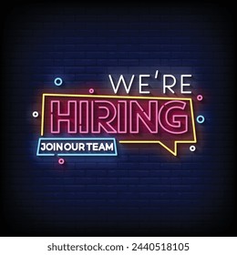 Neon Sign we are hiring with brick wall background vector