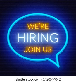 Neon sign we are hiring - join us on the brick wall background. Light poster or banner for recruiting. Vector.