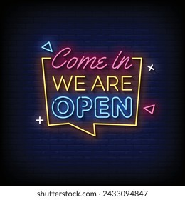 Neon Sign we are open with brick wall background vector