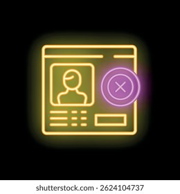 Neon sign of a website deleting a user profile, with a cross mark in a purple circle