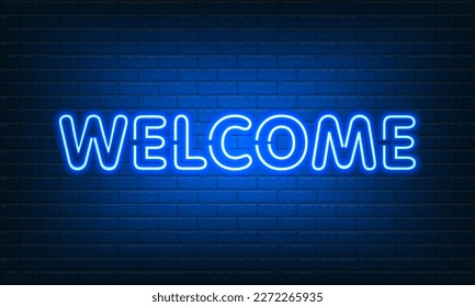 Neon sign Welcome with glass on brick wall background. Vintage blue electric signboard with bright neon lights. Drink Night Club. Bar neon sign light falls. Vector illustration