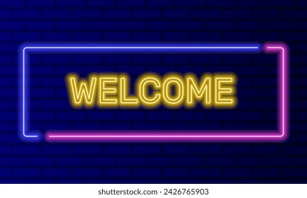 Señal de neón bienvenida en el marco de burbuja de discurso en el vector de fondo de pared de ladrillo. Banner de luz en el fondo de la pared. Invitación del botón de bienvenida para visitar, plantilla de diseño, letrero de neón nocturno