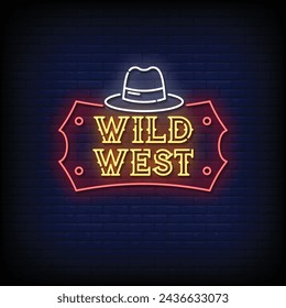 Neon Sign wild west with brick wall background vector