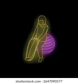 Sinal de néon da mulher exercitando-se com bola de fitness e banda de resistência, promovendo o estilo de vida saudável e vida ativa