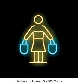 Neon sign of a woman holding shopping bags, representing the concept of retail therapy and consumerism