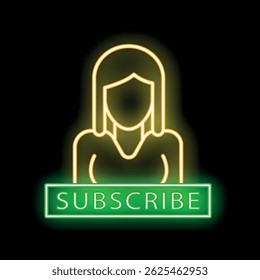 Neon sign of a woman inviting to subscribe on black background