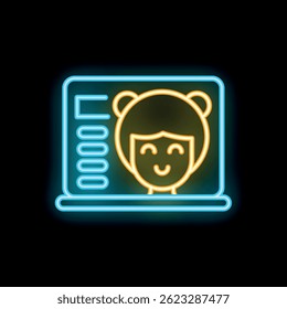 Neon sign of a woman working at her laptop computer, perhaps in customer service or as a programmer