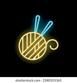 Neon sign of wool yarn ball with needles glowing in the dark, concept of handmade craft or knitting hobby