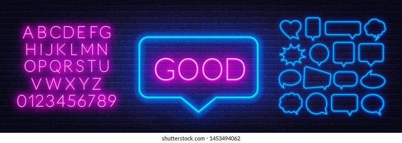 Neon sign of word good. Set of neon speech bubbles and the alphabet on a dark background. Template for design.