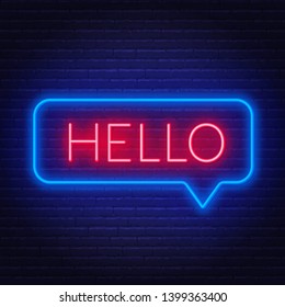 Neon sign of word hello in speech bubble frame on dark background. Light banner on the wall background.