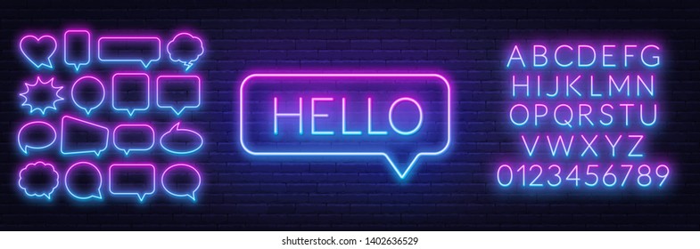 Neon sign of word hello in speech bubble frame on dark background.Set of neon speech bubbles and the alphabet on a dark background. Template for design.