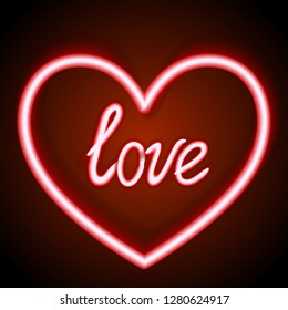 Neon sign, the word Love with heart on dark background. Design element for Happy Valentine s Day. Ready for your design, greeting card, banner. Vector illustration.