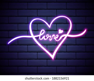 Neon sign, the word Love with heart on dark background. Design element for Happy Valentine's Day. Ready for your design, greeting card, banner. Vector illustration.