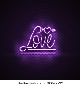 Neon sign, the word love on a brick wall background. Element for the St. Valentine's Day design. Can be used for greeting cards, banners.
