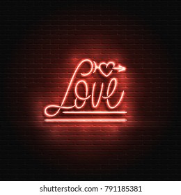 Neon sign, the word love on a brick wall background. Element for the St. Valentine's Day design. Can be used for greeting cards, banners.
